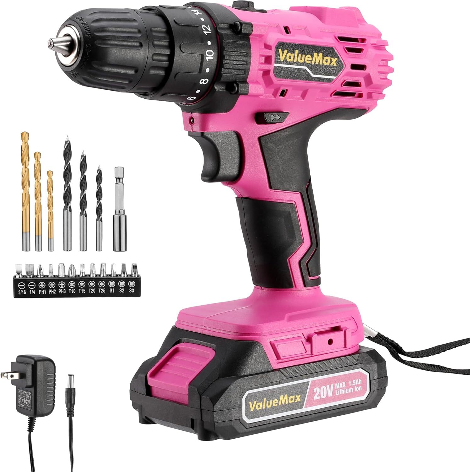 20V Lithium-ion Power Drill Set with LED Light and Magnetic Holder, 3/8