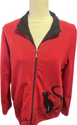 Alison Daley Sz S  Red  Jacket With Black Cat Black Cuffs/Trim Piling Small Hole
