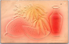 Thanksgiving Flowers and Fruits Vase Embossed Greetings & Wishes Posted Postcard