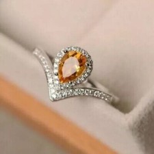 2Ct Pear Simulated Citrine Women Halo Wedding Ring 14K White Gold Plated