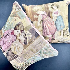 VTG SET/2 8" Decorative Tapestry Pillows Velvet Satin Back Made in Belgium