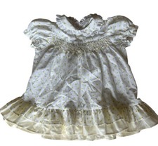 Vtg Polly Flinders Yellow Flowers Ruffled Eyelet Hand-Smocked Infant Dress, 18m