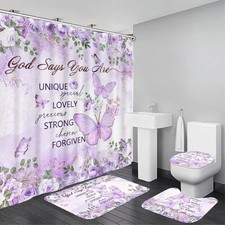 Purple Butterfly Shower Curtain Set for Bathroom, 4Pcs Butterfly Bathroom Set...