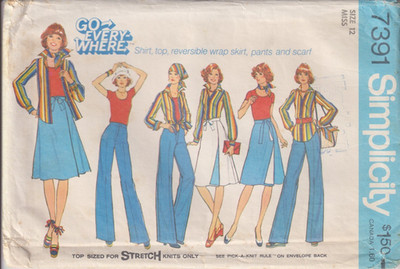 7291 SIMPLICITY c1976 - Knit TOP SHIRT Rev Wrap SKIRT PANTS & SCARF - Sz 12 B34''