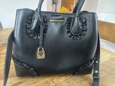 Michael Kors Black Leather Satchel Top Handle Bag Ruffle Trim Detachable Strap