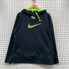 Nike Dri Fit Hoodie Mens Large Black Neon Green Swoosh Pullover Activewear