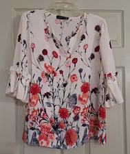 IVANKA TRUMP BLOUSE TOP SIZE L RED BLUE FLORAL Ruffle Bell Sleeves