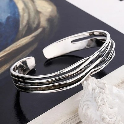 925 Sterling Silber Welle Geflochten Armreif Manschette Armband Unisex Offen Stil Geschenke