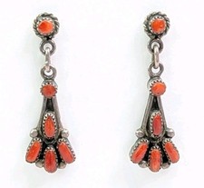 Zuni Coral Earrings Snake Eyes Petit Point Dangle Articulated 1-3/8 Inch Long