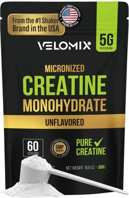 VELOMIX Micronized Creatine Monohydrate Powder - 100% Pure 5000mg Per Serv (5g)