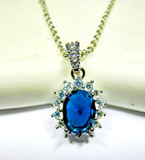 Lab Created Princess Diana Design Sapphire & Lab Diamonds Noble Bright Necklace