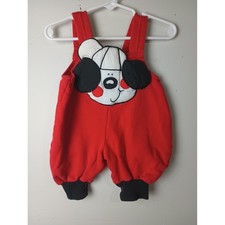 Vintage Red Puppy Dog Fleece Overalls Baby 0-6 Months Little Pup Bib Romper