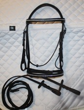 " STRASS " Leder Trense + Zügel Reittrense Zaumzeug FULL Ledertrense