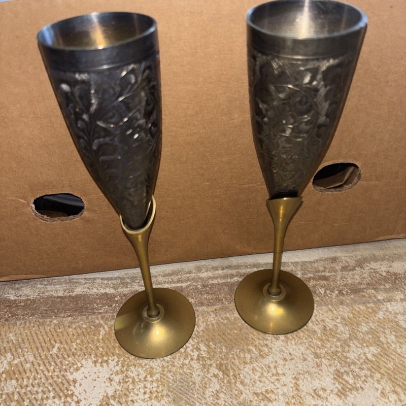 Antique Brass Plated Champagne Flute Wine Glass Set of 2 (200 ml) For Gift