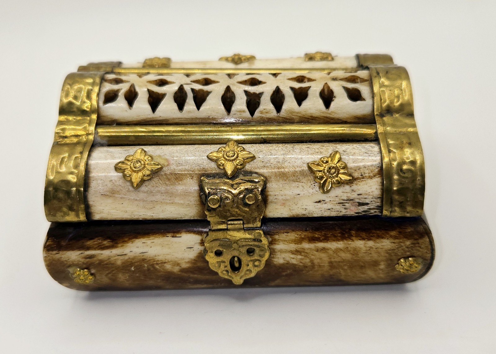Vintage Domed Lid Trinket Box with Ornate Bone Brass & Wood Design from India  