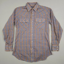 Vintage Levis Western Pearl Snap Shirt Men Medium Blue Red Beige Gold Plaid 80s
