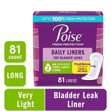 Poise Daily Incontinence Panty Liners, 2 Drop Very Light Absorbency, Long, 81 Ct