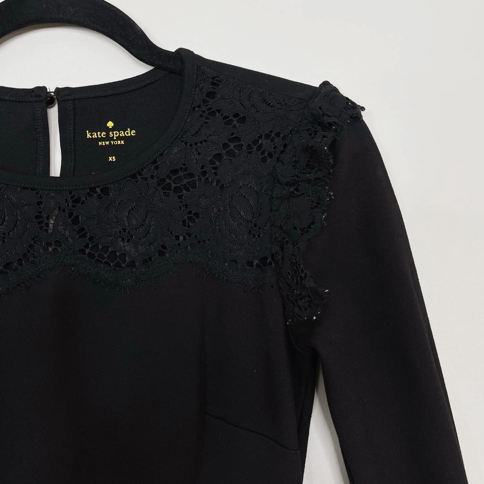 Abito Kate Spade pizzo Yoke Ponte manica lunga nero XSmall XS buco della serratura dietro
