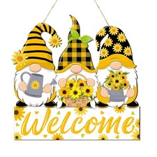 Sunflower Welcome Door Sign Wood Gnome Hanger Sunflower Wreath for Front Door...