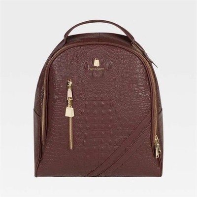 Tote&Carry Brown Croc-Embossed Backpack Gold Hardware Red Lining Dust Bag