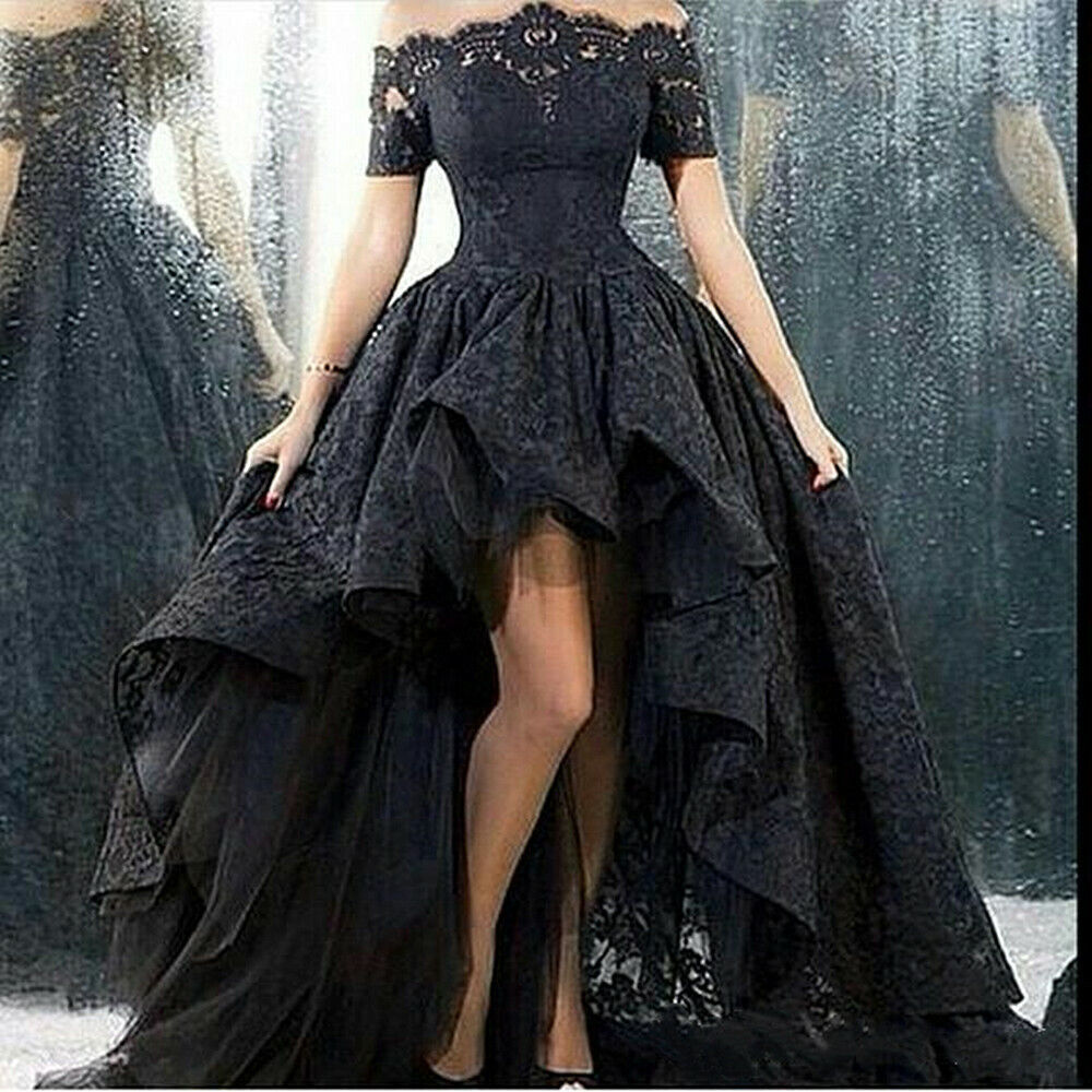 Gothic Black Wedding Dresses Off Shoulder Lace High Low Bridal Gowns Plus  Size | Ebay
