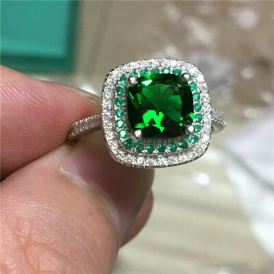 2Ct Cushion Cut CZ Green Emerald Halo Engagement Ring 14K White Gold Finish