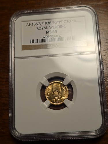 AH1357-1938 Egypt NGC MS65 Gold 20 Piastre G20PIA Royal Wedding King Farouk Nice - Picture 3 of 16