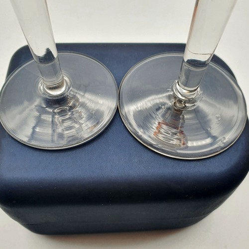 2 Antique Champagne Glasses Flared Hand Blown Etched Flutes Blue Yellow - Picture 5 of 5