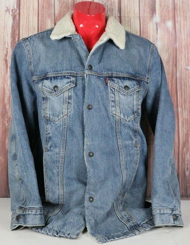 Levis Sherpa Mens Large Blue Denim Trucker Jacket Snaps Premium BIG E | eBay