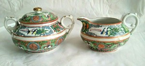 Antique Chinese Canton Famille Rose Medallion Porcelain Sugar & Cream