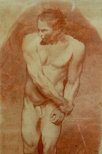 Beau tableau ancien academie Nu portrait d'homme 18 ème dessin sanguine signé