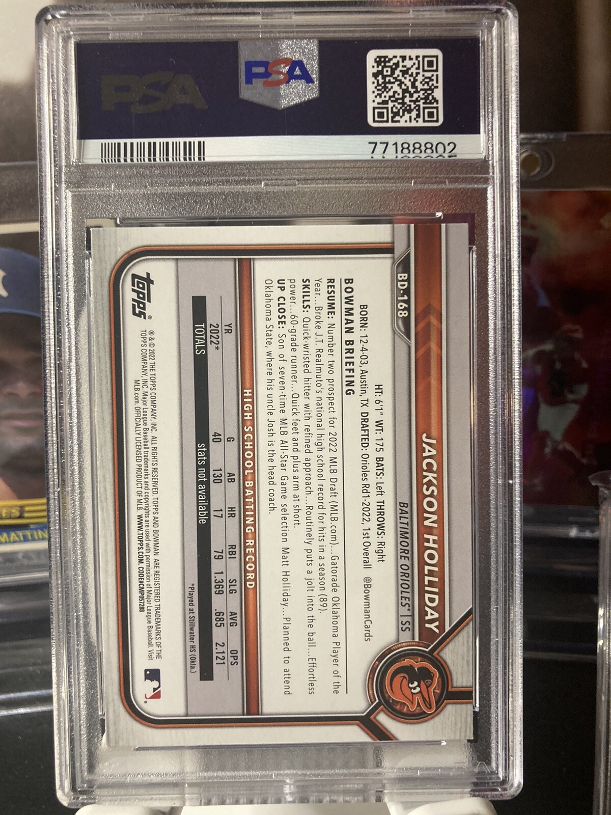 Jackson Holliday ROOKIE PSA 10 2022 Bowman 1st Draft Baltimore Orioles view 7