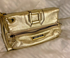 Jimmy Choo Chic Metallic Gold Foldover Flap Clutch Bag Buckle Strap Handle