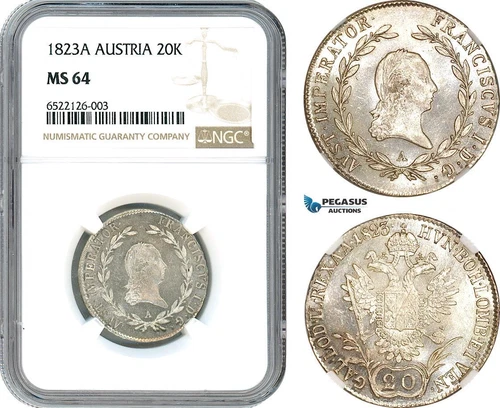 AI028, Austria, Franz II, 20 Kreuzer 1823 A, Vienna Mint, Silver, NGC MS64