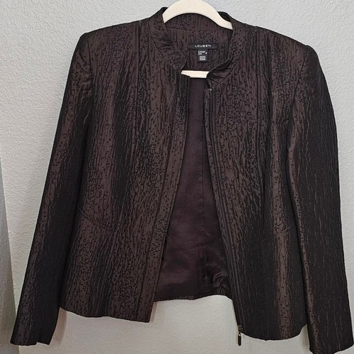 Chaqueta Blazer Louben Marrón Chocolate Texturizada Cremallera Mezcla de Lana Talla 12 - Imagen 2 de 7
