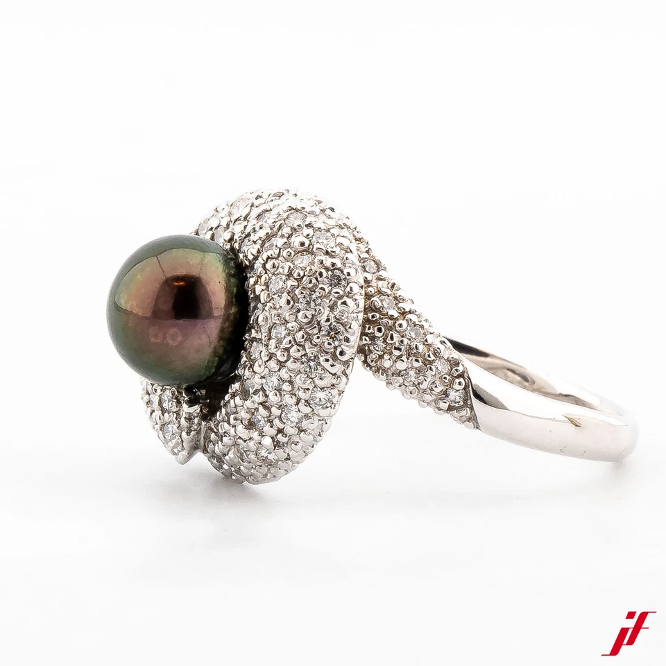 Bague Cocktail 585/14K Or Blanc 1 Perle D'Eau Douce Avec Diamants 0,80 Ct 66 TOP - Photo 2/3