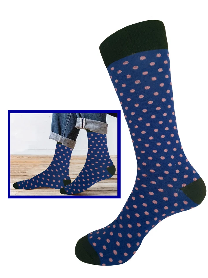 Un par de calcetines de vestir a lunares de novedad de algodón talla 10-13 AZUL con ROSA Foto 2 de 4