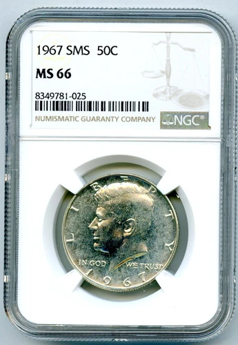 1967 SMS 50C KENNEDY 40% SILVER HALF DOLLAR - NGC MS66