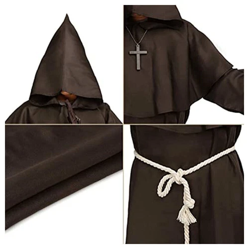 Adult Medieval Monk Friar Hooded Robe Cloak Wizard Priest Cosplay Stage Costume - Picture 13 of 28