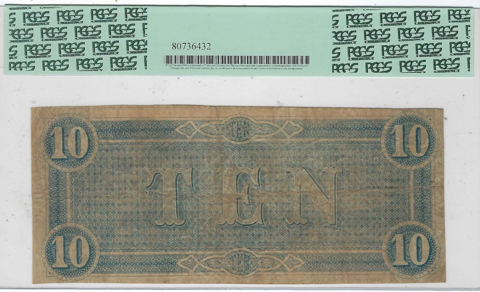 T-68 PF-17 1864 $10 Confederate Paper Money - PCGS-C VF 20 PPQ - C-A plen error - Image 3 of 3