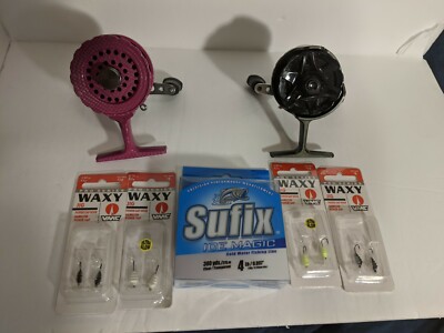ice fishing reels lot with VMC waxy jigs and suffix ice line!!! Perfect panfish 