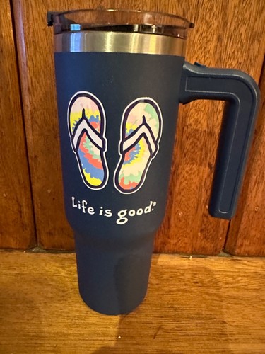 NWT. LIFE IS GOOD "TIE DYE FLIP FLOP" COMMUTER 25 oz. STAINLESS TUMBLER IN BLUE - Picture 4 of 4