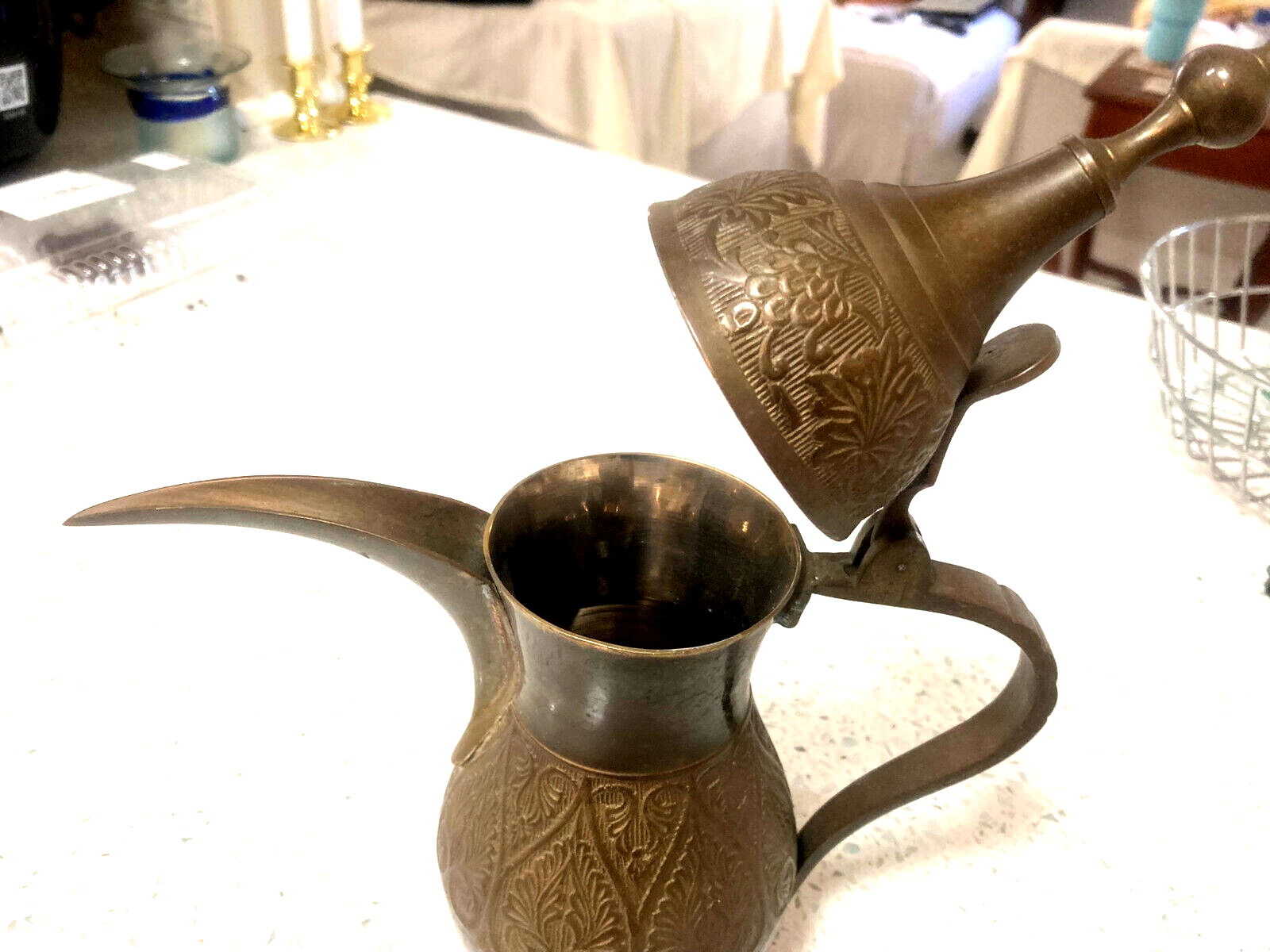 Vintage Brass Pitcher Etched Tea Pot Long Spout eBay