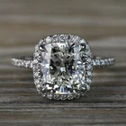 3Ct Cushion Cut Real Moissanite Halo Bridal Wedding Ring 14K White Gold Plated