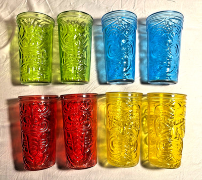 Vintage Tiki Glasses - Electric Colors - Hawaiian Cocktail Tumblers - Set of 8