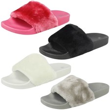 Ladies Spot On Faux Fur Sliders Flat Slip On Mule Sandals Slippers *F0R0067*