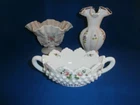 3 PCS VINTAGE FENTON  WHITE MILK GLASS VASE CANDY HAND PAINTED ROSES SIGNED