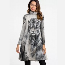 Watercolor Tiger High Neck Long Sleeve Dress, Wild Animal Print Autumn Dress