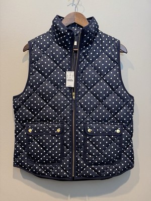 NEW J Crew Women's Full Zip Down Vest Navy Blue & White Polka Dots Size L NWT