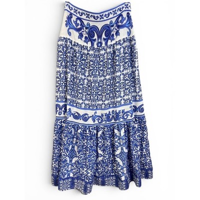 BSB Collection Blue White Majolica Print Tiered Ruffle Maxi Skirt Womens 42 US 6